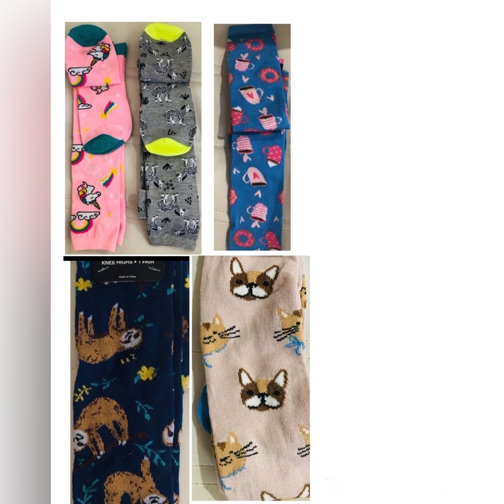2 pairs women’s Knee hi socks - pink rainbow unicorn, zebra sloth coffee donuts